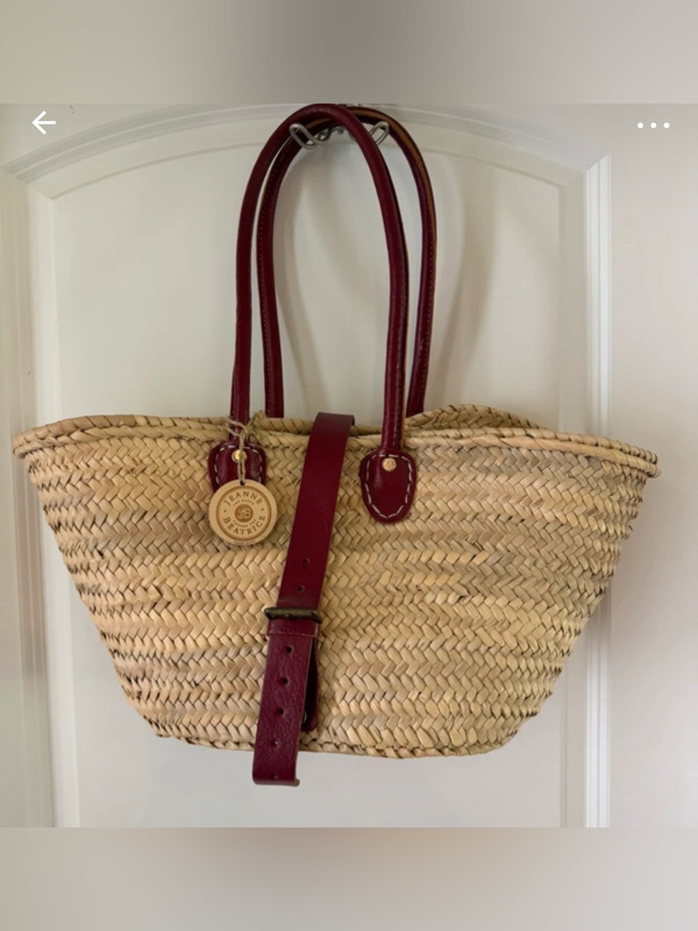 Woven Straw Tote with Burgundy Leather Trim